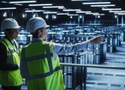 Data Center IT Specialist and System administrator Talk, Use Tablet Computer, Wearing Safety Wests. Server Clod Farm with Two Information Technology Engineers checking Cyber Security.