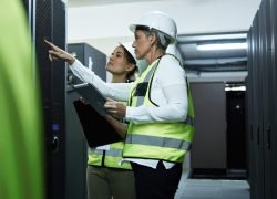Learning on the job. Cropped shot of two attractive female programmers working in a server room